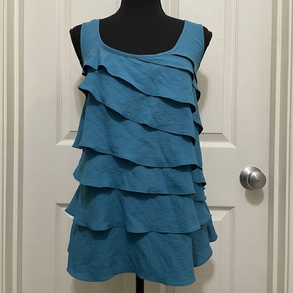 ELLE Layered Ruffle Tank Top Sleeveless Racer Back Mosaic Blue Women's Large NWT - Picture 1 of 6